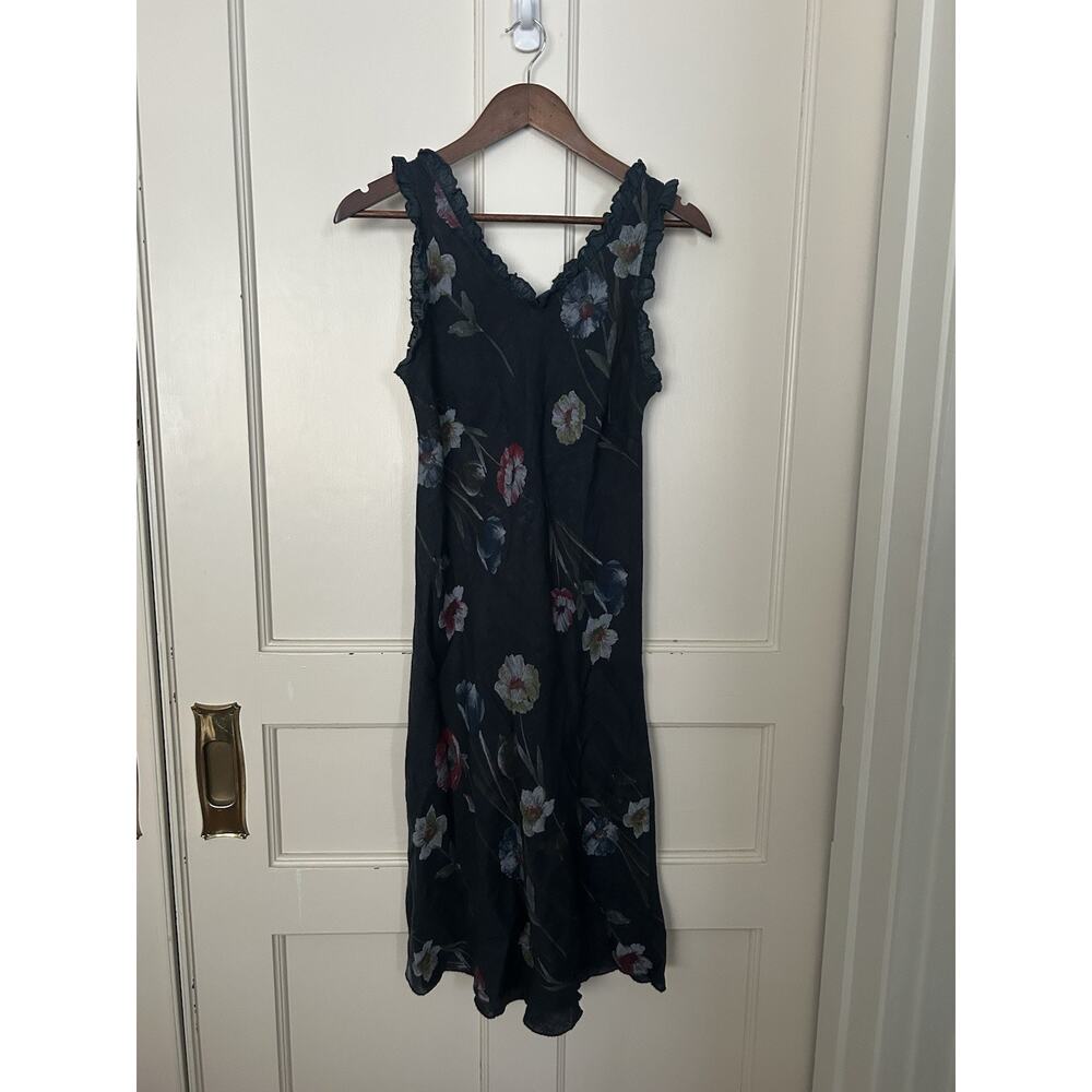 Angela Mara Floral Linen Ruffle Sheath Dress Womens Size Small Blue Romantic